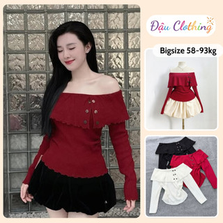 Set Bộ Bigsize Nữ Áo Trễ Vai Tay Dài Phối Chân Váy Bí Sành Điệu Cho Chubby 58-93kg SET956