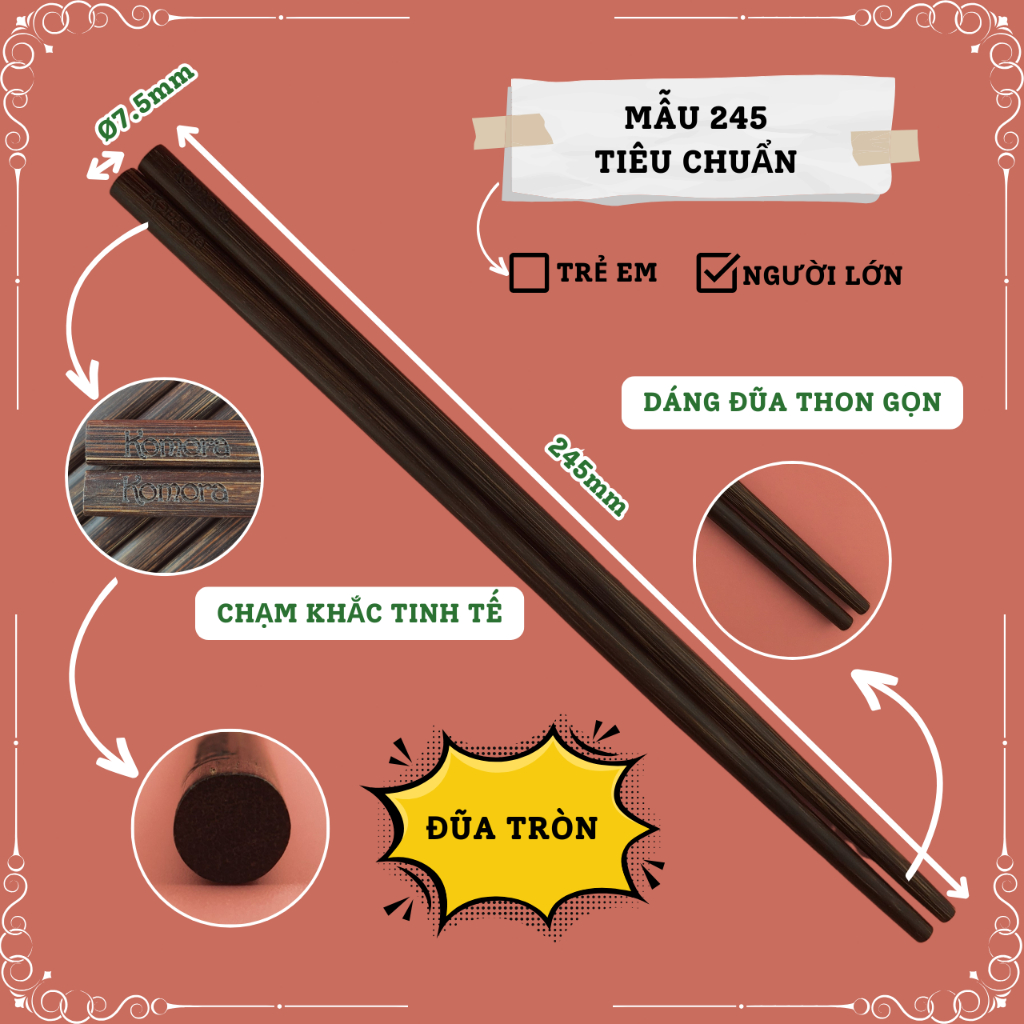 [Vỉ 5 Đôi] Mẫu 245 Tiêu Chuẩn, Đũa Buông Hàm Tân KOMORA, Khắc Theo Yêu Cầu, Bền Chắc, Không Ẩm Mốc
