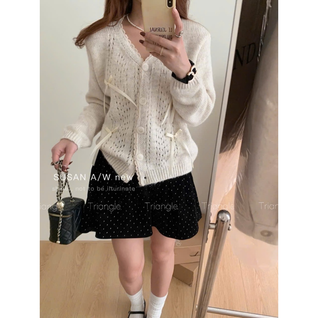 Triangle-White ribbon (Giá thanh lý, không hoàn)-Áo len cardigan phối nơ Hàn Quốc phong cách tiểu thư
