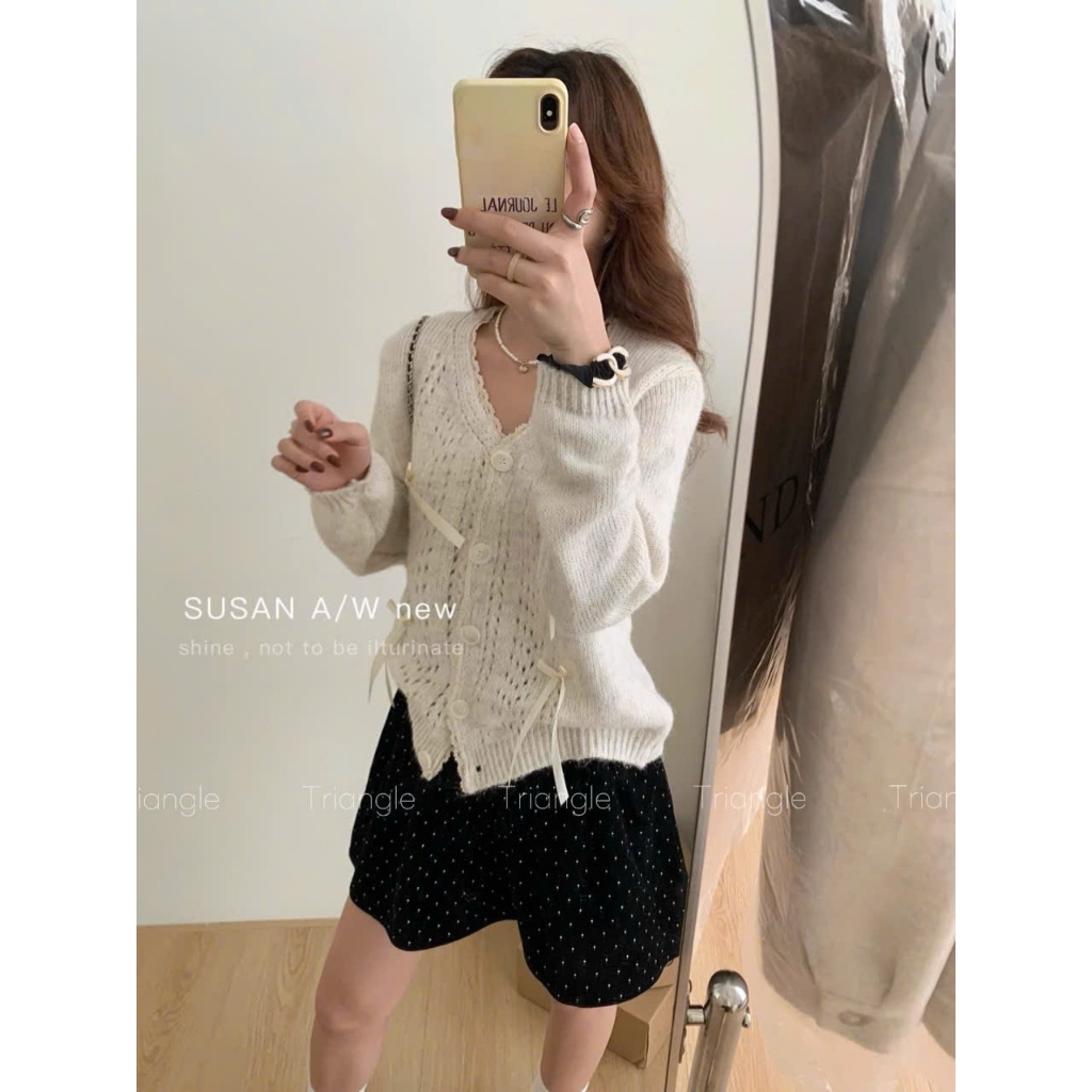 Triangle-White ribbon (Giá thanh lý, không hoàn)-Áo len cardigan phối nơ Hàn Quốc phong cách tiểu thư
