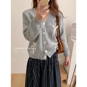 Triangle-White ribbon (Giá thanh lý, không hoàn)-Áo len cardigan phối nơ Hàn Quốc phong cách tiểu thư