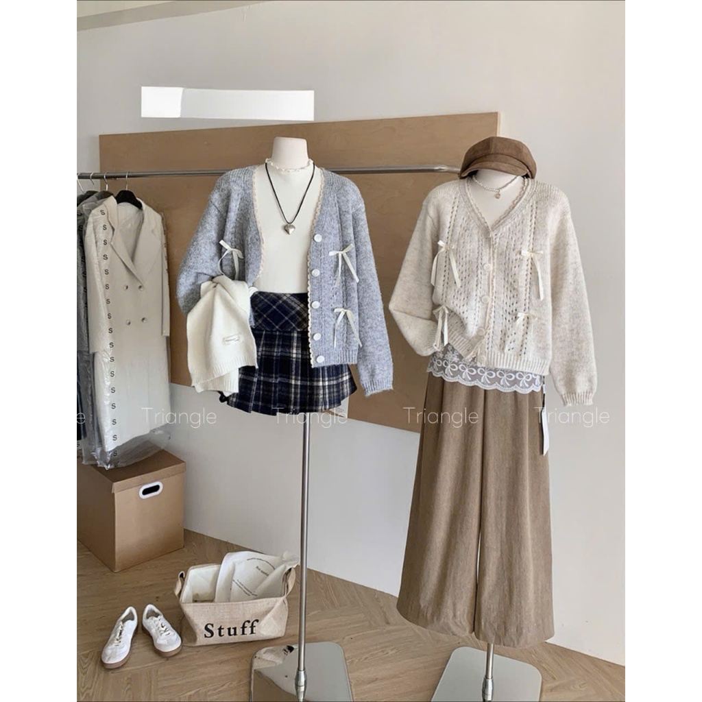 Triangle-White ribbon (Giá thanh lý, không hoàn)-Áo len cardigan phối nơ Hàn Quốc phong cách tiểu thư