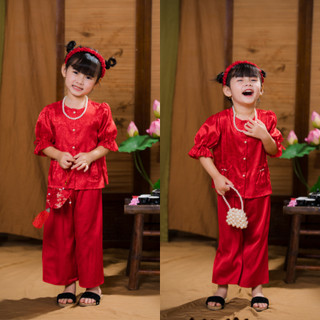 Bộ bà ba cho bé gái diện Tết Trung Thu, Đồ bà ba chất gấm lụa tay lỡ phối nơ BIATON, Set  bà ba cúc ngọc chơi lễ tết BB6