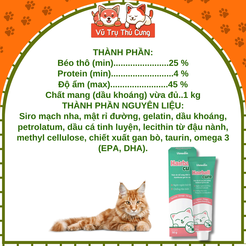 Gel Tiêu Búi Lông Cho Mèo Hairball Cure Vemedim 50g