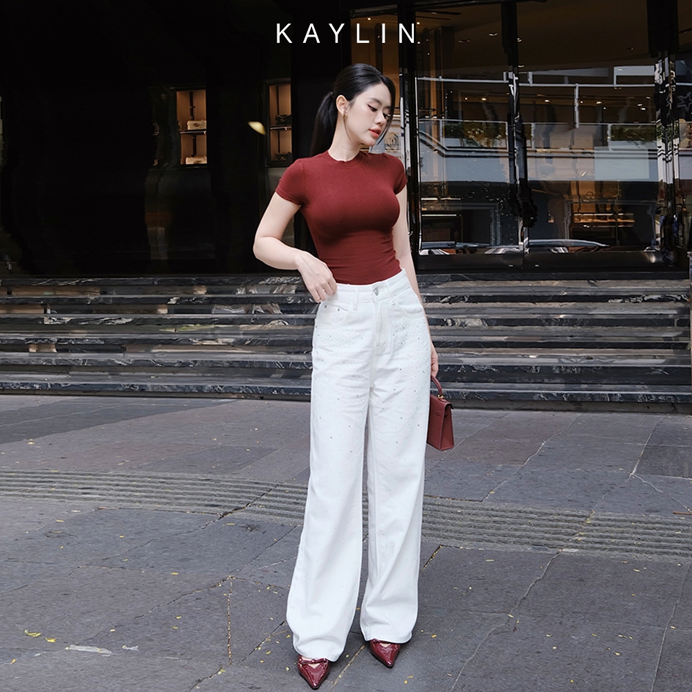 Ảnh Quần Jean KAYLIN Basic form suông đính hạt chất vải denim dầy dặn phong cách - N2368 4