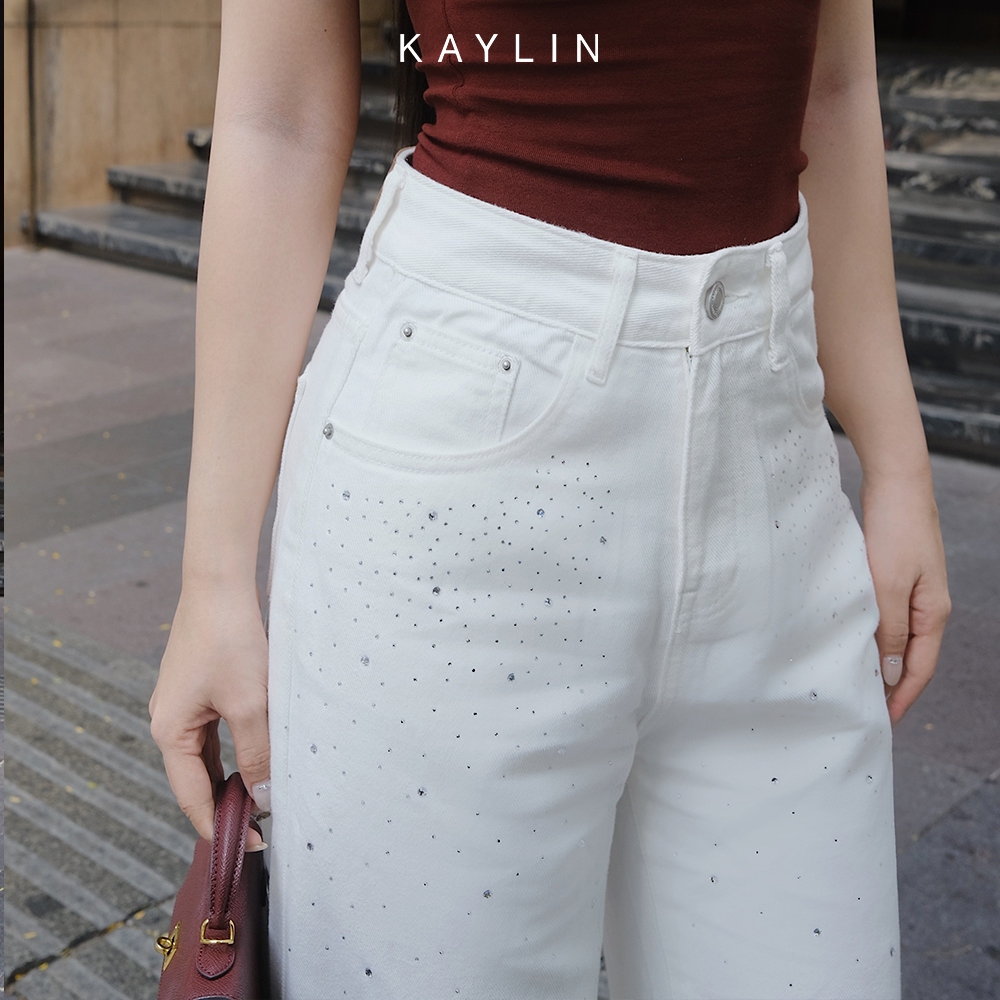 Ảnh Quần Jean KAYLIN Basic form suông đính hạt chất vải denim dầy dặn phong cách - N2368 3