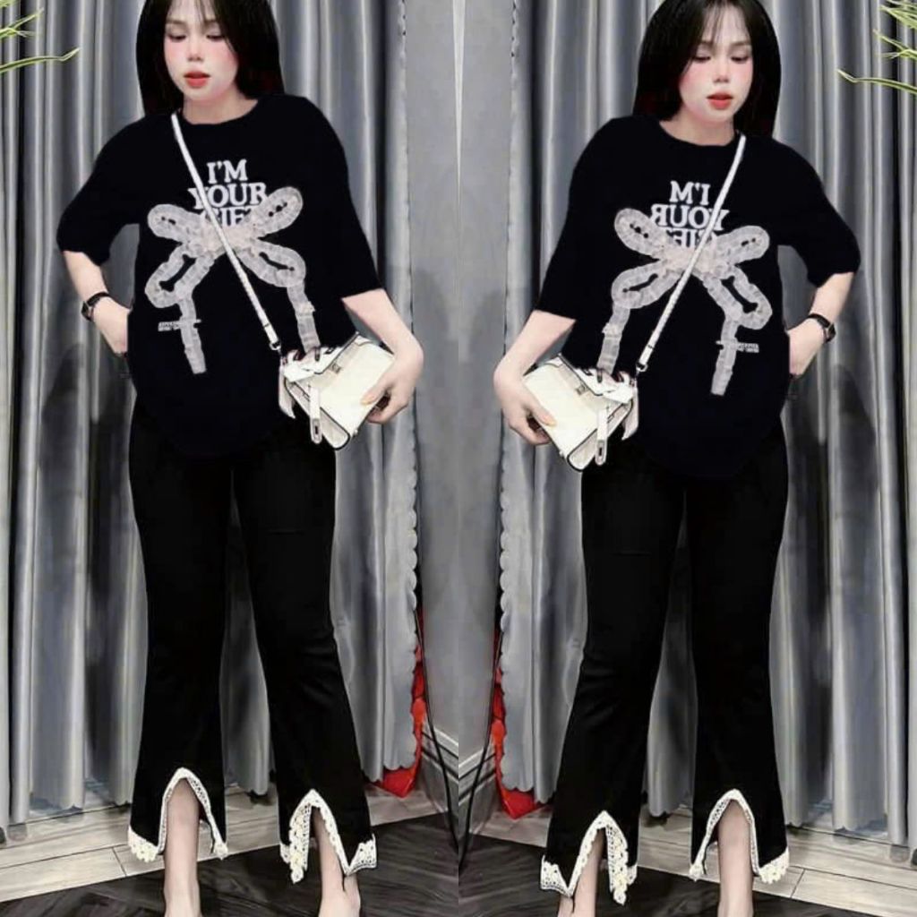 Đồ Bộ Nữ Bigsize 45-85kg Quần Dài Ống Loe Xẻ Tà Nơ Cạp Cao Thun Gân Áo Tay Ngắn ESHOP DB89