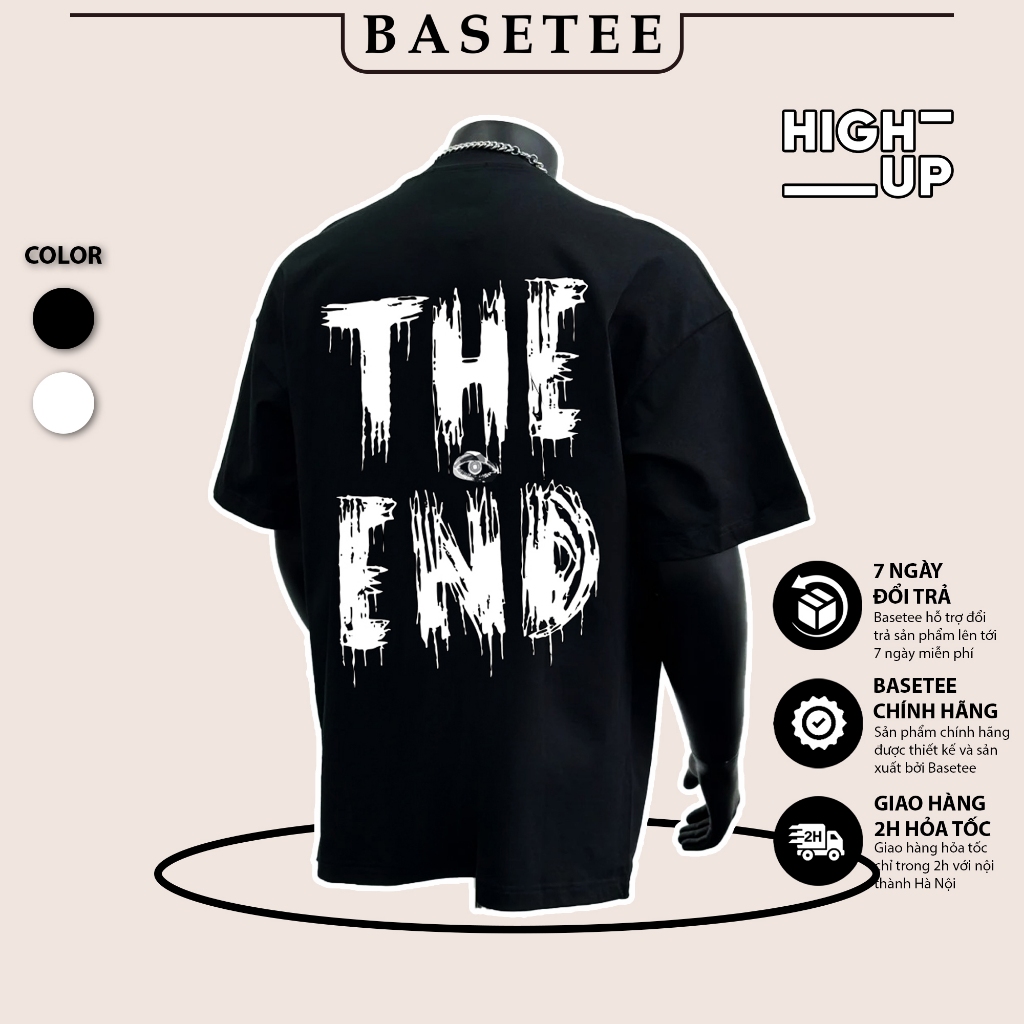 Áo thun đen in chữ The End 100% cotton thấm hút mồ hôi 40-110kg form rộng Basetee Unisex