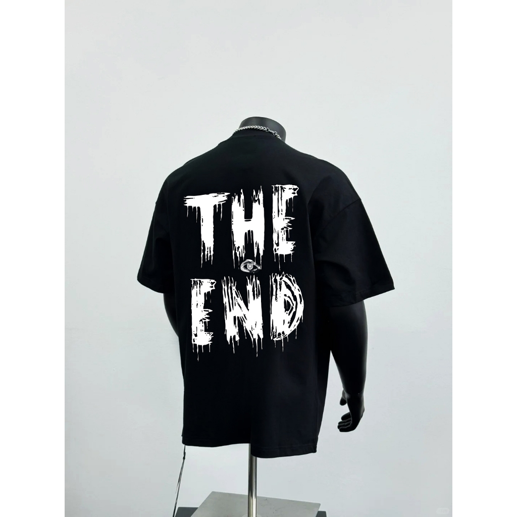 Áo thun đen in chữ The End 100% cotton thấm hút mồ hôi 40-110kg form rộng Basetee Unisex
