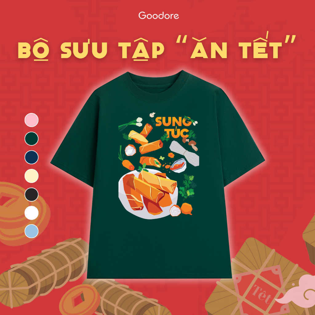 Áo thun cotton unisex nam nữ Goodore BST Ăn Tết mẫu Sung Túc thoáng mát năng động form Oversize thiết kế độc đáo