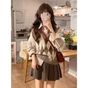 Áo gile len nữ dệt kim vặn thừng màu nâu viền đen cute thu đông phong cách ullzang hàn quốc GL6