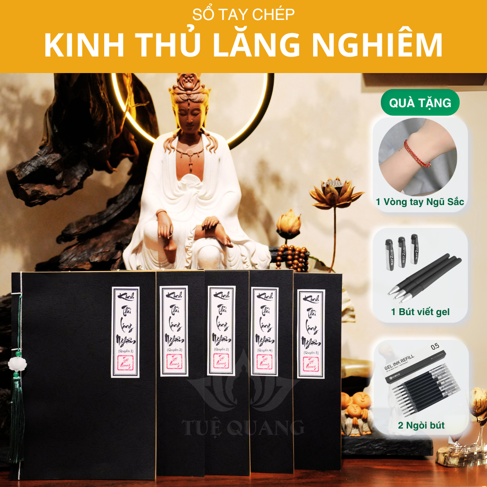 Trọn bộ 5 Sổ Chép Kinh Thủ Lăng Nghiêm In Mờ Giấy Cổ Cao Cấp A4, Thành Kính, Vở Cỡ Chữ Lớn - Tặng Kèm Bút, Ngòi