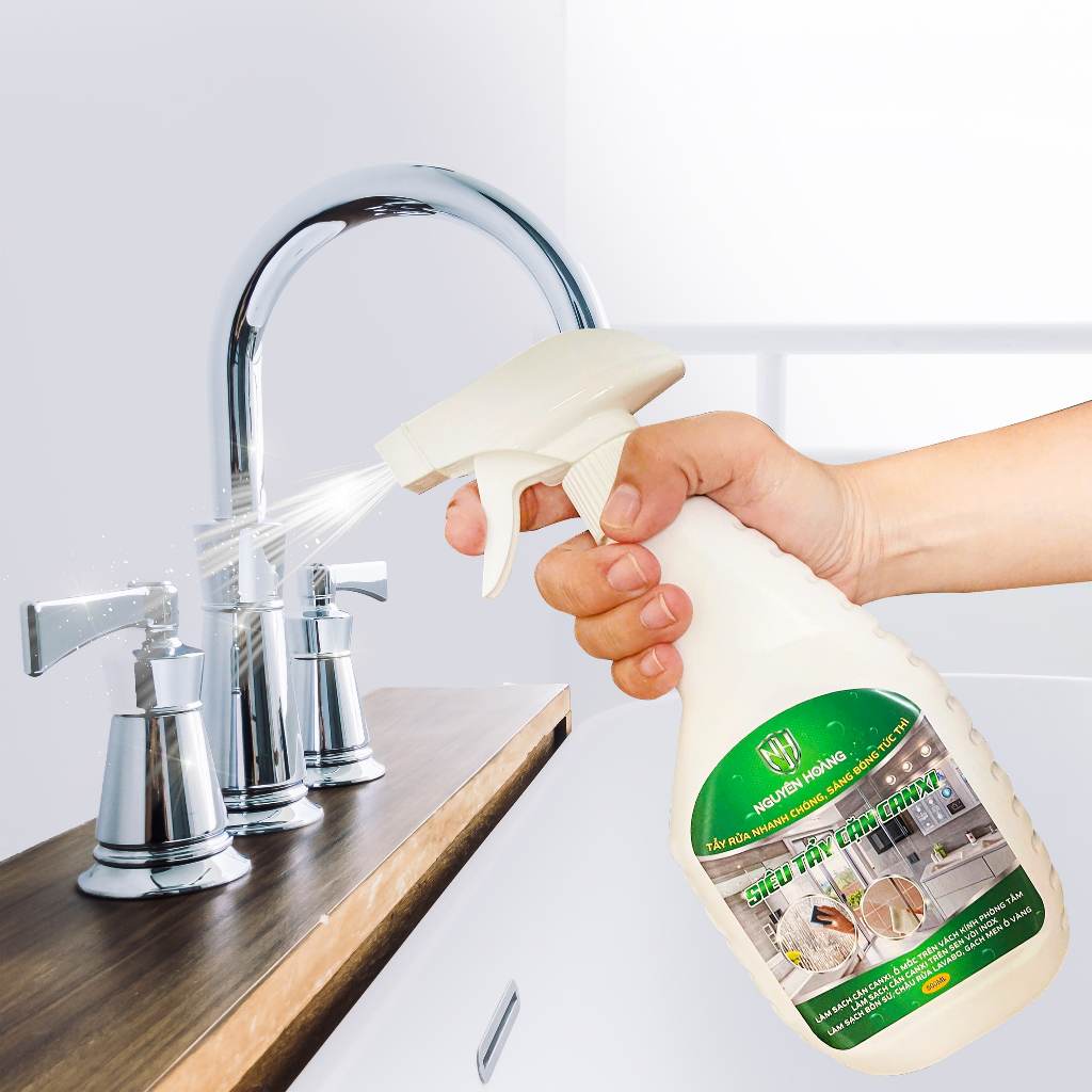 Siêu Tẩy Cặn Canxi Trên Vách Kính Phòng Tắm Nguyên Hoàng- Tẩy Sạch Đốm Nước  Cứng - Ố Mờ- Mốc Trắng. Chai 500ml,