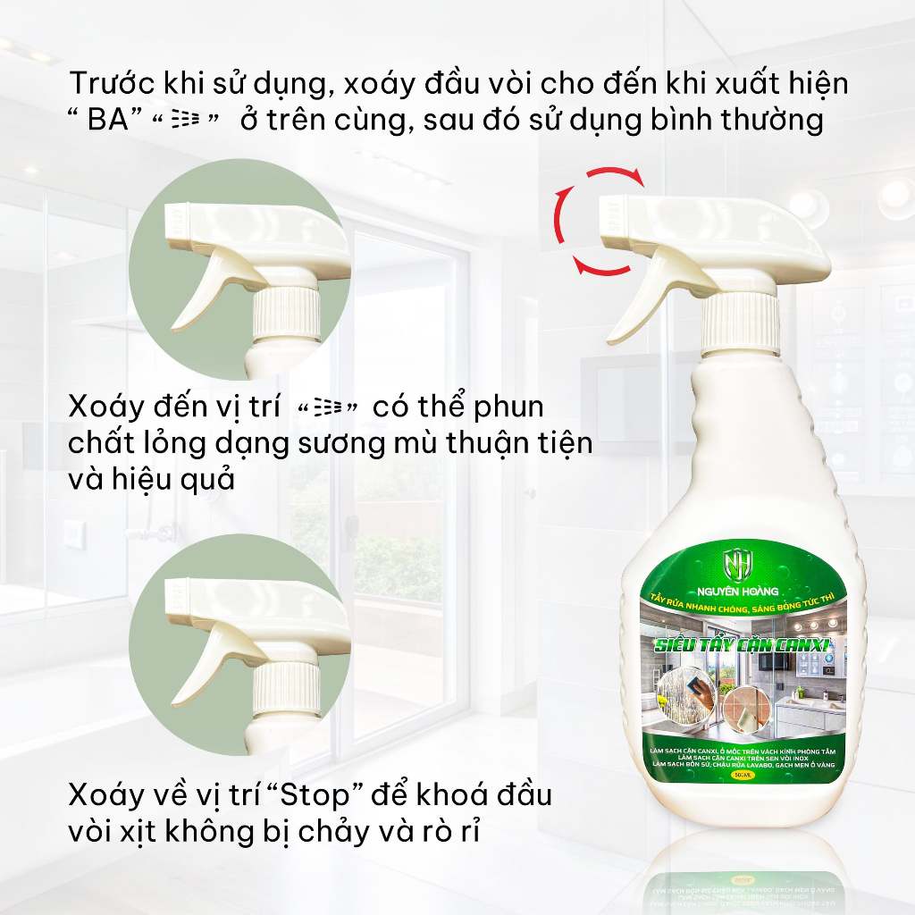 Siêu Tẩy Cặn Canxi Trên Vách Kính Phòng Tắm Nguyên Hoàng- Tẩy Sạch Đốm Nước  Cứng - Ố Mờ- Mốc Trắng. Chai 500ml,