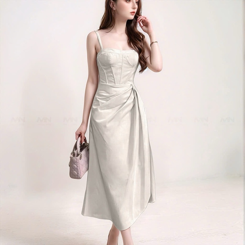 Ảnh Đầm dự tiệc thương hiệu Đầm Váy Mina thiết kế hai dây dáng xoè midi chất liệu Linen MN241 2
