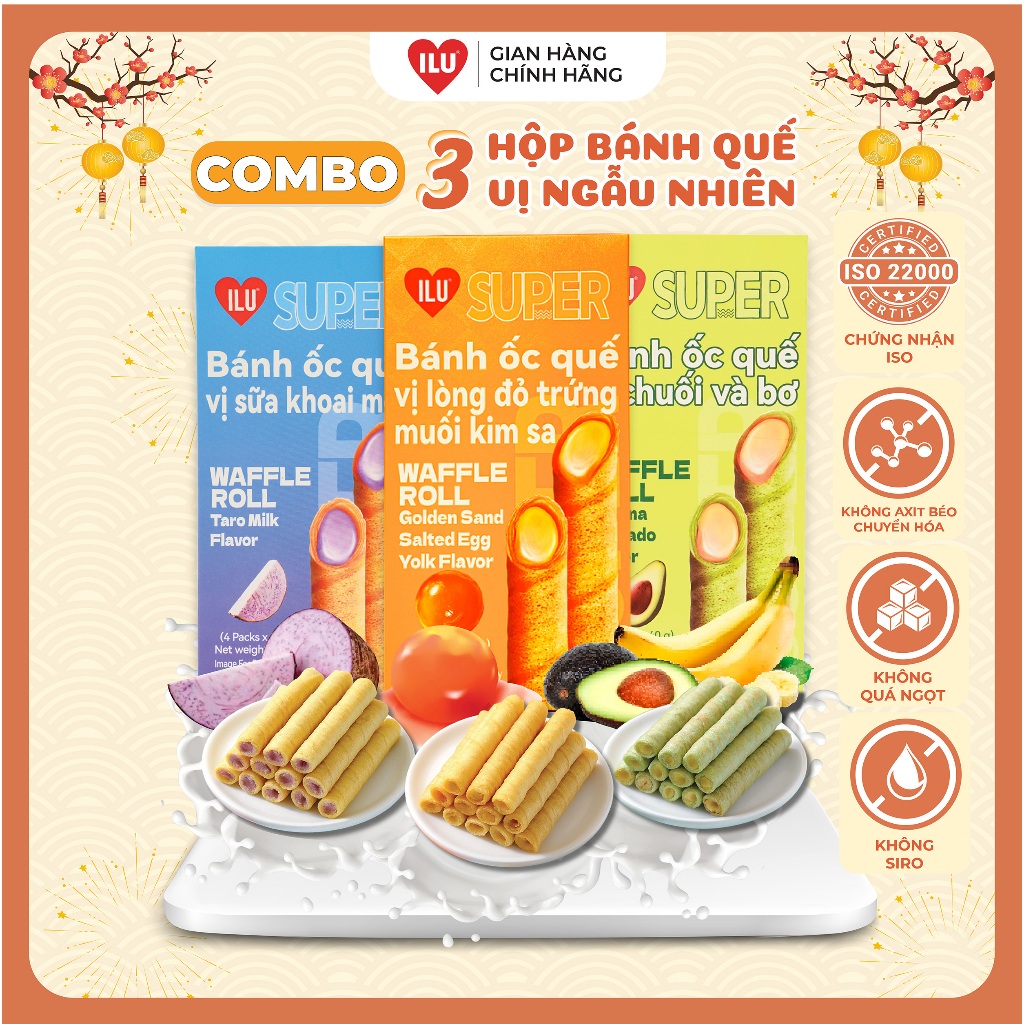 Combo 3 Hộp bánh ống quế ILU vị ngẫu nhiên, đồ ăn vặt bánh quế ống ...