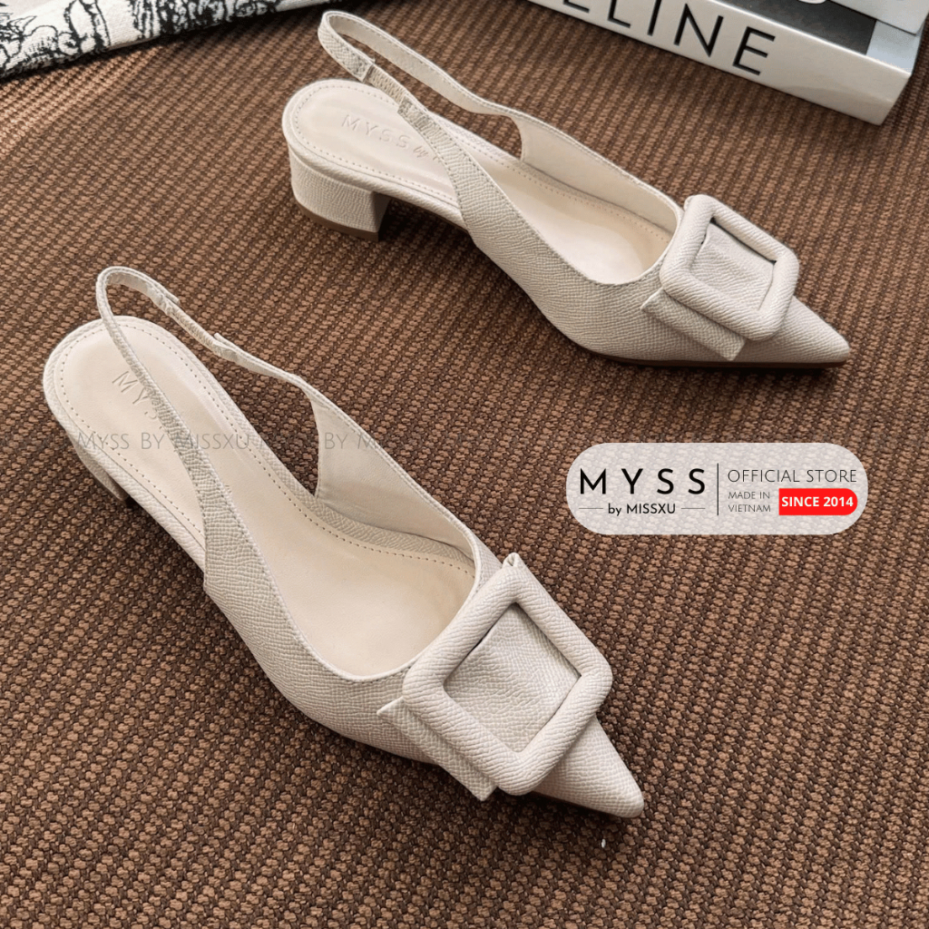 Giày nữ MYSS slingback mũi nhọn nơ cài khoen vuông gót trụ 4 cm cao cấp - CG328