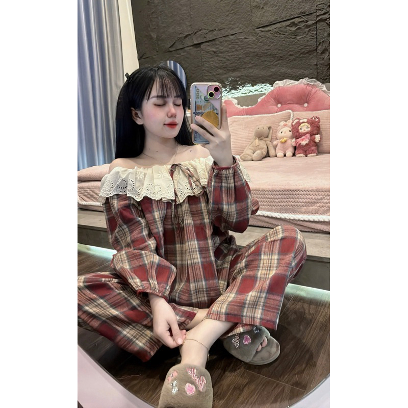 40-57kg Bộ nỉ dạ kẻ phối ren dễ thương dưới m6