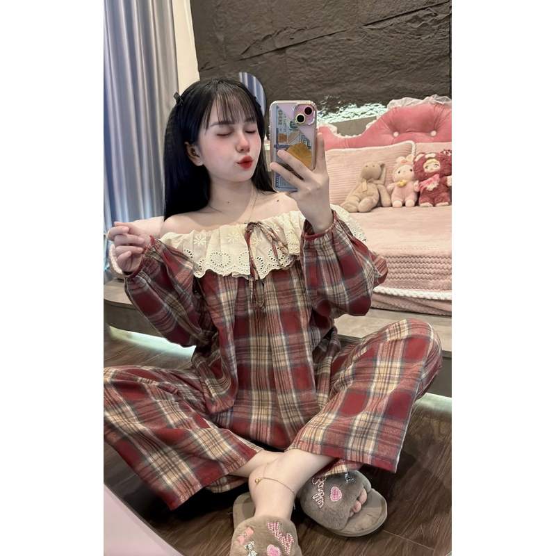 40-57kg Bộ nỉ dạ kẻ phối ren dễ thương dưới m6