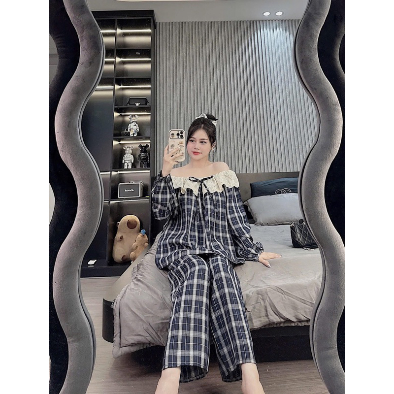 40-57kg Bộ nỉ dạ kẻ phối ren dễ thương dưới m6