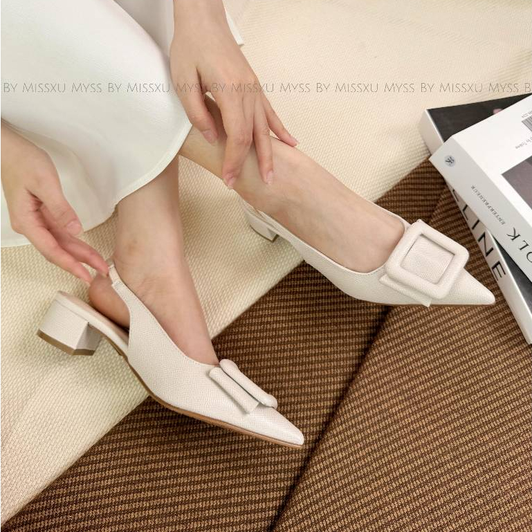 Giày nữ MYSS slingback mũi nhọn nơ cài khoen vuông gót trụ 4 cm cao cấp - CG328