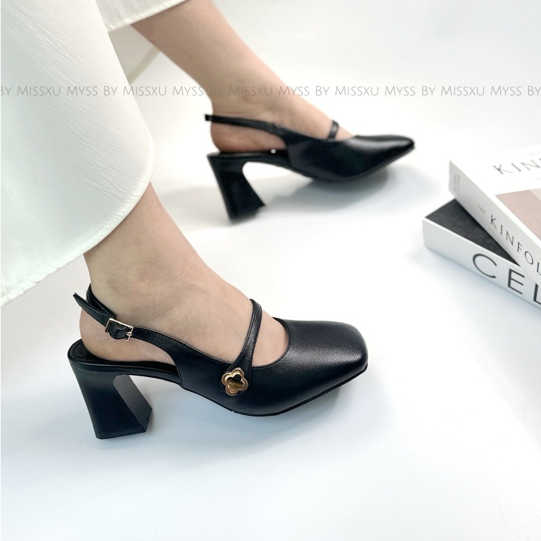 Giày nữ MYSS mũi vuông quai ngang đính khóa hoa 7cm thời trang - CG338