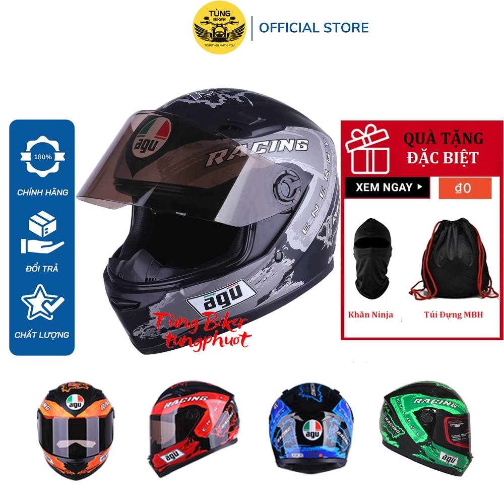 Mũ Bảo Hiểm Fullface AGU Tem RACING - BH 12 Tháng (Tặng Khăn Trùm Ninja ...