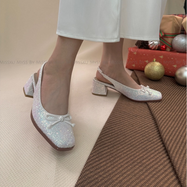Giày cao gót nữ MYSS sling back mũi vuông nhũ kim tuyến phối nơ 5cm cao cấp - CG324