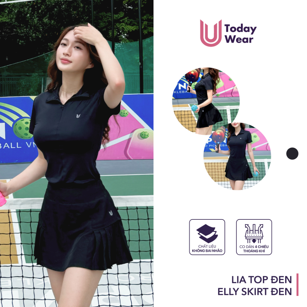 Ảnh Set bộ đồ thể thao nữ áo Lia Top đen mix chân váy Elly Skirt đen Today U Wear cầu lông tennis pickleball bóng bàn 1