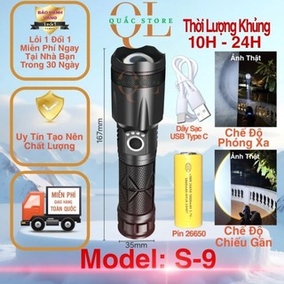 Đèn Pin Siêu Sáng S-9 Thời Lượng Khủng - 5 Chế Độ Sáng - Phóng Xa, Chiếu Gần Kính Thiên Văn - Đa Dụng, Bền Bỉ