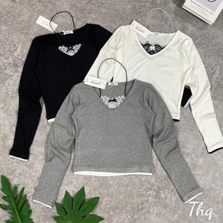Áo Thun tăm Nữ Cổ Tim Phối Viền Ren Nhẹ Nhàng Cổ yếm New