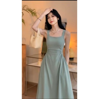 Đầm váy dài midi hai dây cổ vuông nữ tính chất liệu Yumi Hàn mềm mại - Đầm váy đen trắng hai dây dáng dài tôn dáng