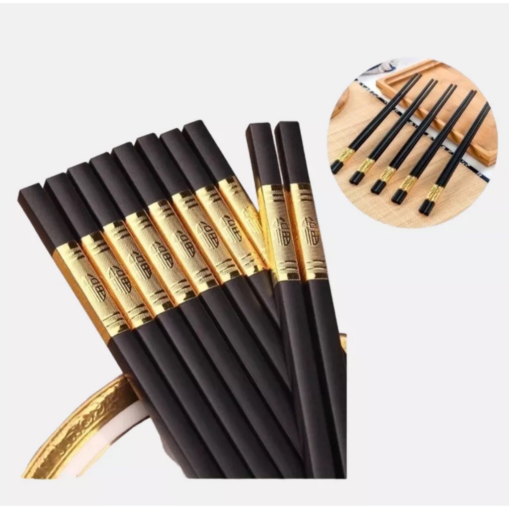 Ảnh Hộp 10 đôi Đũa ăn cơm cao cấp Hàn Quốc mạ vàng chống trơn trượt nấm mốc 1