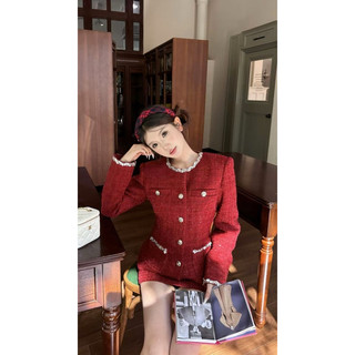 Set dạ tweet đỏ áo vest cổ tròn lấp lánh kim sa kiểu Pháp dài tay kết hợp chân váy ngắn tiểu thư thanh lịch