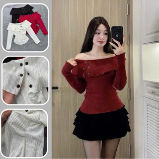 Set bộ Nhỏ Clothing Bigsize nữ  áo kiểu trễ vai tay dài đính cúc kèm chân váy bí có bảo hộ cho các chuppy SET956