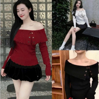 Set bộ Nhỏ Clothing Bigsize nữ  áo kiểu trễ vai tay dài đính cúc kèm chân váy bí có bảo hộ cho các chuppy SET956