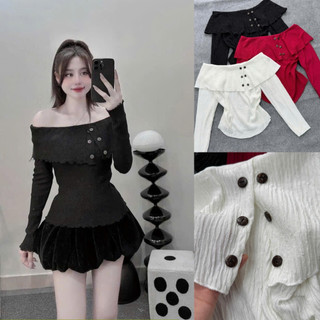 Set bộ Nhỏ Clothing Bigsize nữ  áo kiểu trễ vai tay dài đính cúc kèm chân váy bí có bảo hộ cho các chuppy SET956