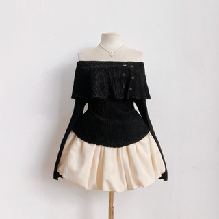 Set bộ Nhỏ Clothing Bigsize nữ  áo kiểu trễ vai tay dài đính cúc kèm chân váy bí có bảo hộ cho các chuppy SET956