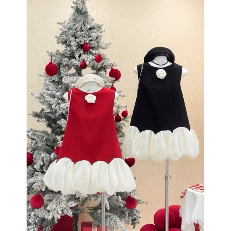 Đầm bé gái dáng suông phối bèo có đính hoa cho mẹ và bé gái 15-55kg, Đầm baby doll bé gái size đại, đầm tiệc bé gái
