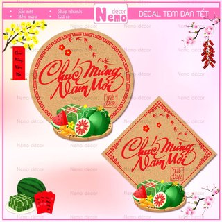 Tem Tết Giấy Kraft, Tem Dán Tết, Decal Dán Chúc Mừng Năm Mới Hình Tròn, Nhãn Dán Hủ, Hộp Bánh Mứt, Hộp Quà.