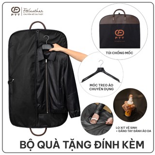 Áo khoác da nam FTT Leather Racer Jacket da bò khóa chéo tay phối gân nâu - Mã AD319B