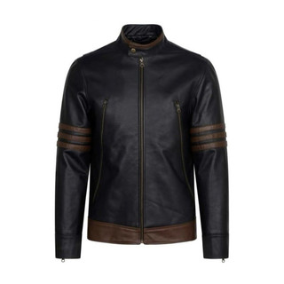 Áo khoác da nam FTT Leather Racer Jacket da bò khóa chéo tay phối gân nâu - Mã AD319B
