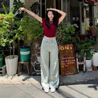 Quần Jeans Nữ Ống Rộng Cạp Cao 247Store Màu Wash Thời Trang Dễ Phối Đồ Đi Học Đi Làm Đi Chơi