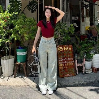 Quần Jeans Nữ Ống Rộng Cạp Cao 247Store Màu Wash Thời Trang Dễ Phối Đồ Đi Học Đi Làm Đi Chơi