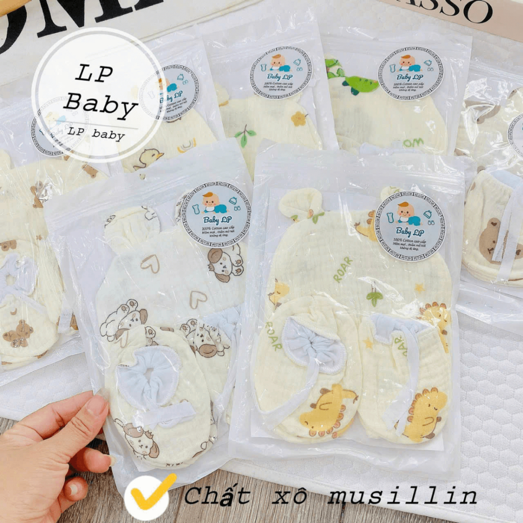 Set Mũ Bao Tay Bao Chân DÂY RÚT MUSLIN size 0- 3 tháng LP Cho Bé  mềm mịn thoáng mát co giãn in họa tiết Đậu Đậu Store