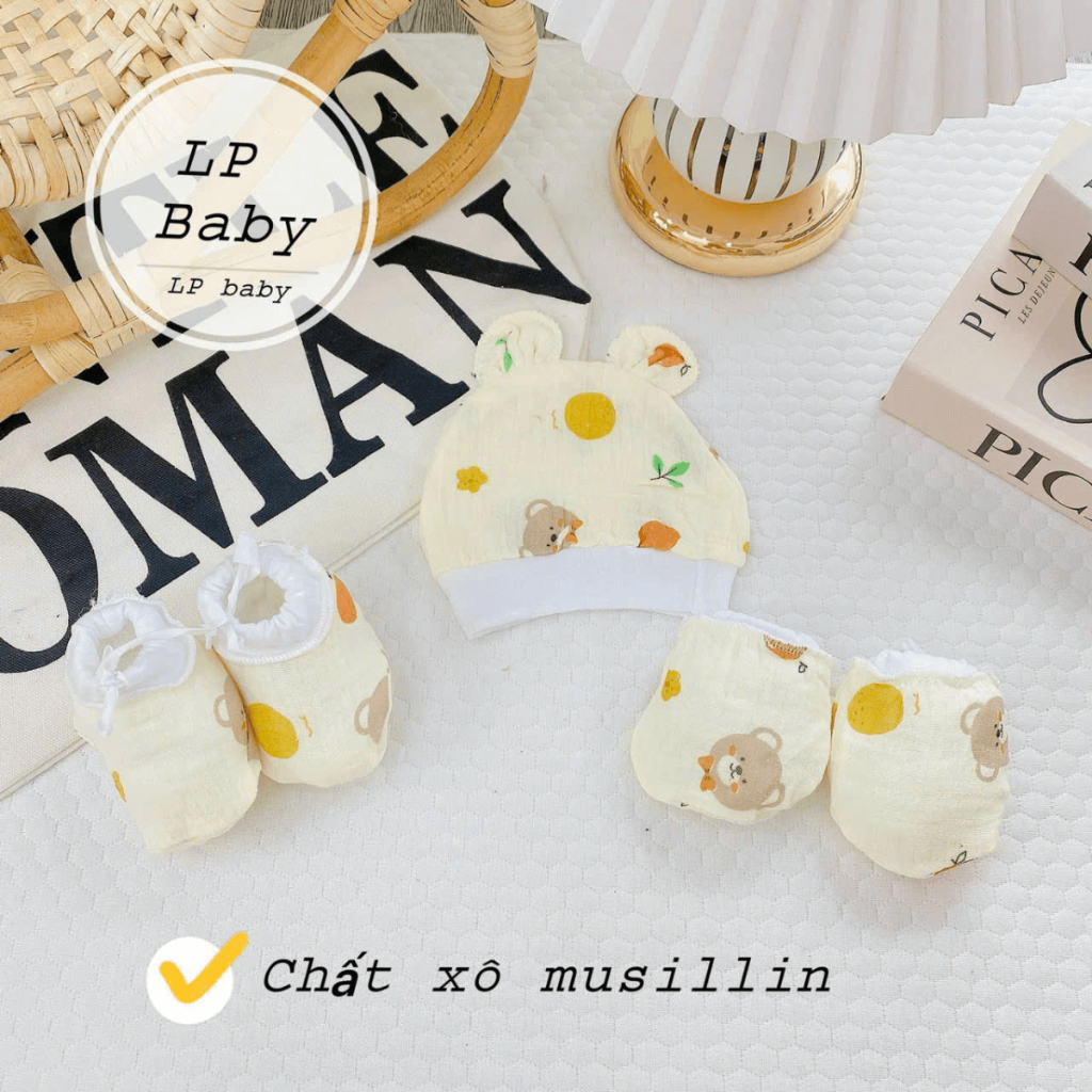Set Mũ Bao Tay Bao Chân DÂY RÚT MUSLIN size 0- 3 tháng LP Cho Bé  mềm mịn thoáng mát co giãn in họa tiết Đậu Đậu Store