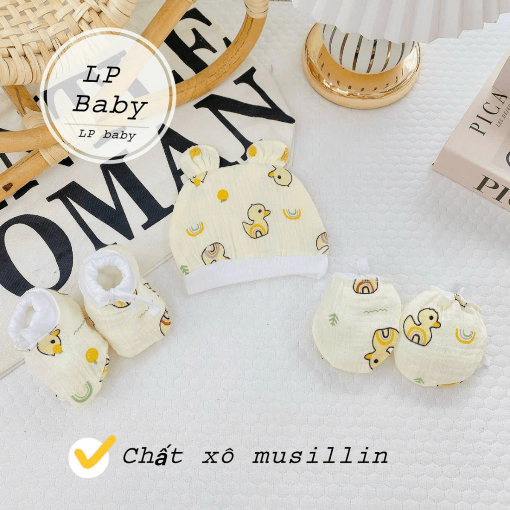 Set Mũ Bao Tay Bao Chân DÂY RÚT MUSLIN size 0- 3 tháng LP Cho Bé  mềm mịn thoáng mát co giãn in họa tiết Đậu Đậu Store