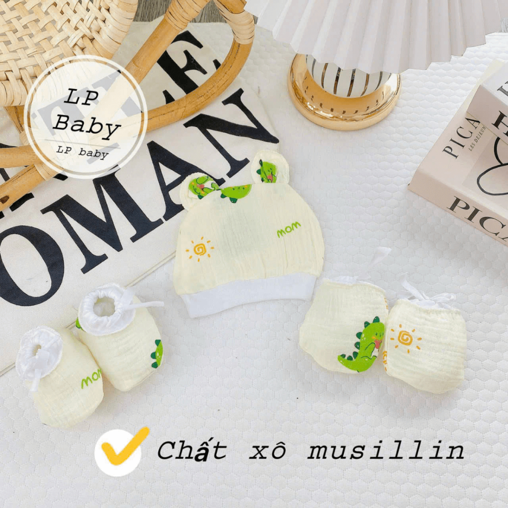 Set Mũ Bao Tay Bao Chân DÂY RÚT MUSLIN size 0- 3 tháng LP Cho Bé  mềm mịn thoáng mát co giãn in họa tiết Đậu Đậu Store