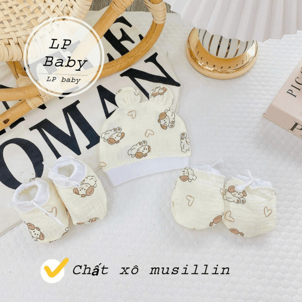 Set Mũ Bao Tay Bao Chân DÂY RÚT MUSLIN size 0- 3 tháng LP Cho Bé  mềm mịn thoáng mát co giãn in họa tiết Đậu Đậu Store