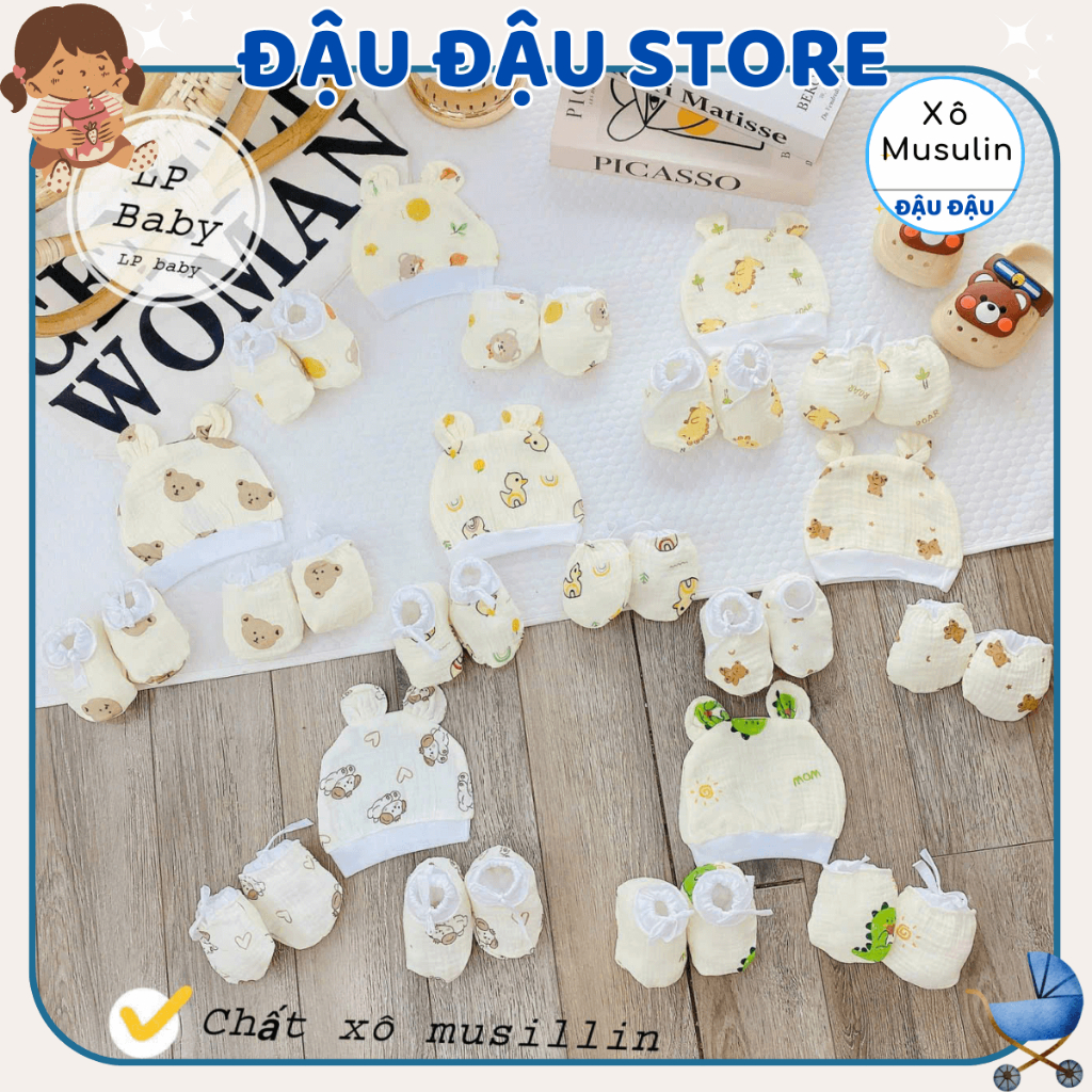 Set Mũ Bao Tay Bao Chân DÂY RÚT MUSLIN size 0- 3 tháng LP Cho Bé  mềm mịn thoáng mát co giãn in họa tiết Đậu Đậu Store
